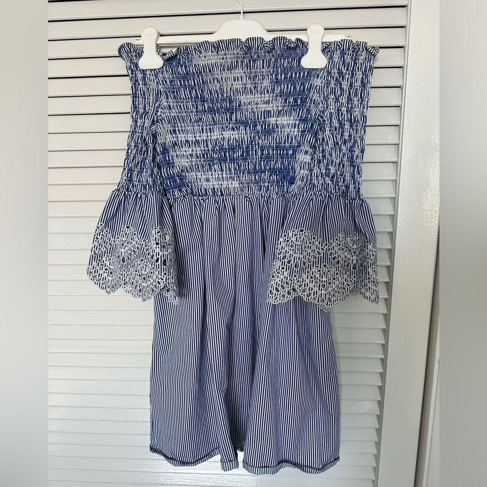 Ted Baker off shoulder blue striped dress, size S-M